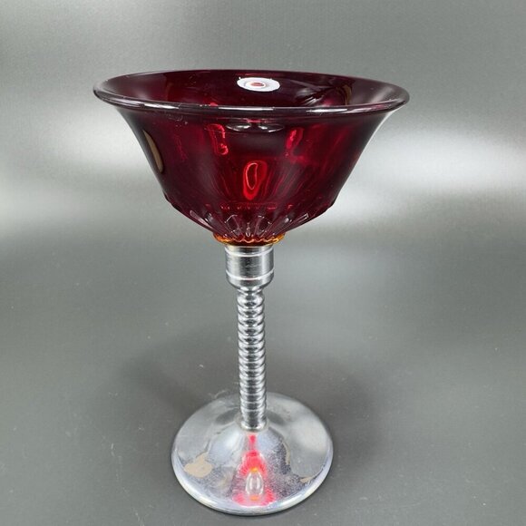 Art Deco Ruby Red Cadmium UV Glow Cocktail Glass Single Cup Chrome Stem Vintage - Picture 1 of 11